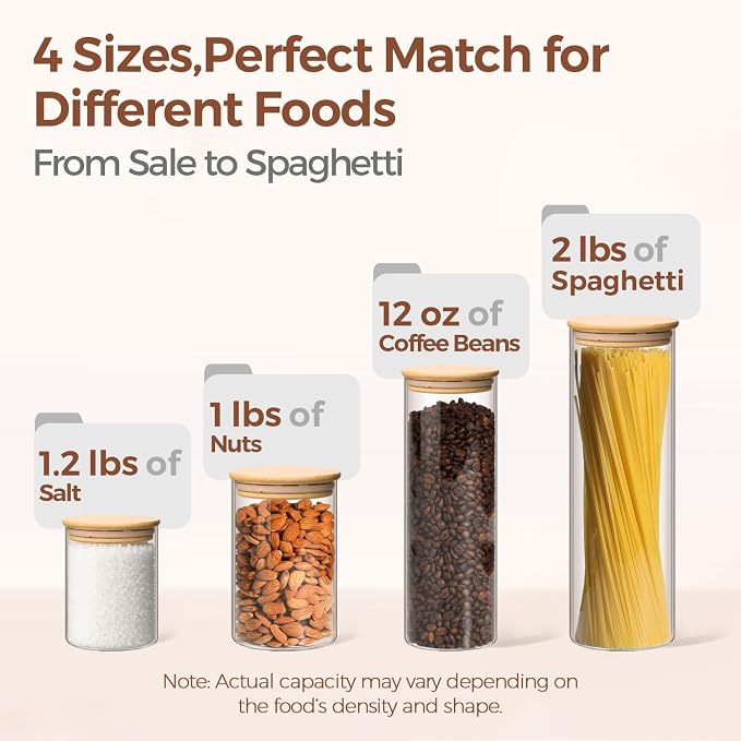 ComSaf Glass Storage Jars 6 Pack, Pasta Containers, Pantry Organization | Tall Glass Jar, Storage Containers Set of 6 (2Qt/1.1Qt/1Qt*2/0.5Qt*2), Kitchen Canisters, Pantry Storage, Spaghetti, BPA Free