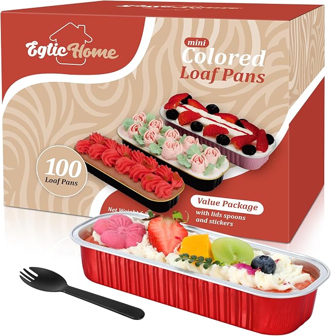 EgticHome Mini Loaf Pans with Lids and Spoons (100 Pack, Red, 6.8oz) Rectangular Aluminum Foil Baking Pans