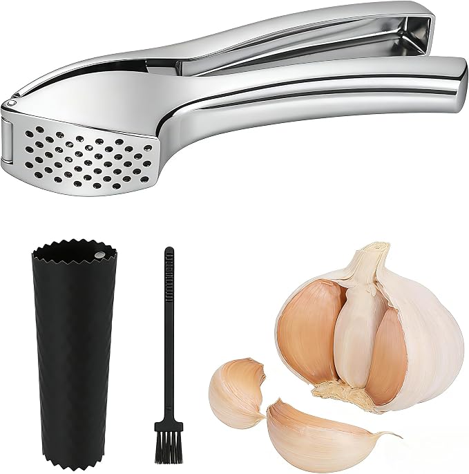Stainless Steel Garlic Press Set Peeler & Cleaning Brush | Ergonomic soft handle, large chamber, rustproof and dishwasher safe