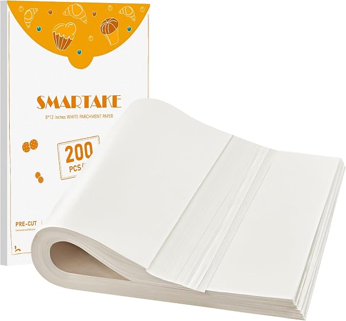 SMARTAKE 200 Pcs White Parchment Paper Sheets, 8x12 Inches, Non-Stick | Pre-Cut Greaseproof Baking Paper, Pure Wood Pulp, Oven Safe up to 450°F, for Cooking, Grilling, Frying, Steaming, Wrapping