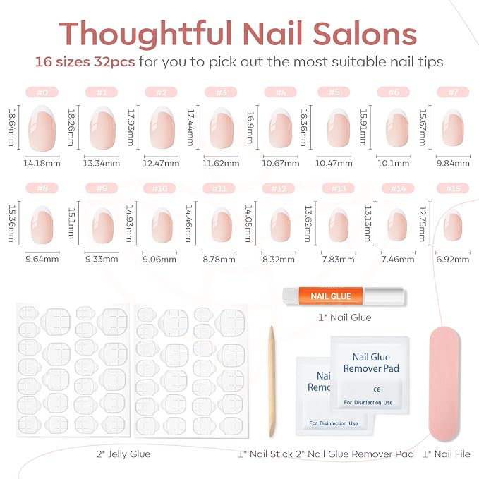 modelones French Tip Press On Nails, Short Oval Fake Nails Nails Press Ons | with Nail Glue, Adhesive Tabs, Nail File, Prep Pad, Manicure Stick, 32Pcs 16 Sizes, Nude, Summer Women Girl Gift