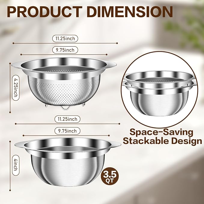 3.5QT Colander with Bowl, Rice Strainer, Stainless Steel Mixing Bowls with Strainer, Pasta Strainer, Colander for Kitchen for Rice Pasta Fruits Vegetables, Rice Cleaner Strainer, Dishwasher Safe