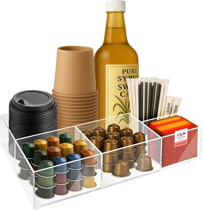 Acrylic Coffee Bar Station, Countertop Snack Tea Organizer & Condiment Tray | Syrup, Creamer, Sugar Packets & Tea Bags