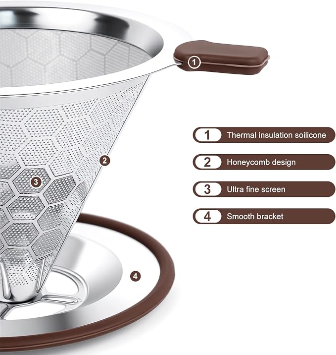 Pour Over Coffee Maker, Reusable Stainless Steel Filter | Easy to Clean, No Paper Waste. BPA-Free, Plastic-Free Coffee Filter. Eco-Friendly, Reusable, 1-2 Cup Size