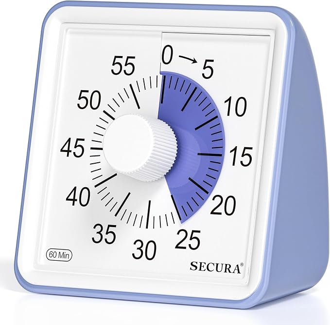Secura Visual Timer for Kids, 60 Minute Classroom Countdown Timer for Study | Non-Ticking, Adjustable Alarm Volume/Duration, Low Power Reminder, Time Management Tool for ADHD (Purple & Purple)