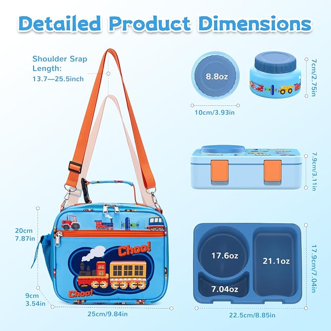 Bento Box for Kids, Leakproof Kids Lunch Box with 8.5OZ Thermo Food Jar & Lunch Bag, 3-4 Compartments Toddler Insulated Lunch Box for Boys, BPA Free Lunch Containers for School Daycare