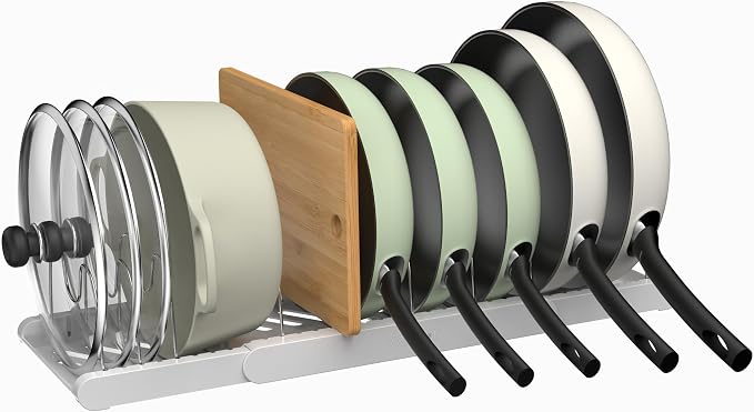 Expandable Pots and Pans Organizer Under Cabinet, Pan Organizer Rack with 9 Adjustable Slots, Pot Lid Holder for Cabinet, Countertop, Plates, Cutting Boards, Baking Sheets-White