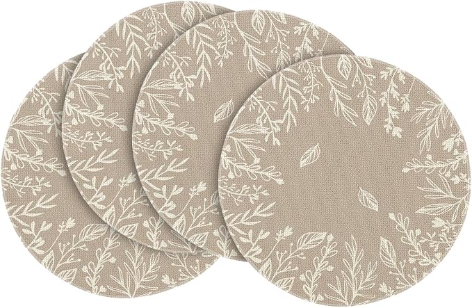 Artoid Mode Beige Eucalyptus Leaves Round Fall Placemats Set of 4-14 Inch | Heat-Resistant, Washable Table Mats, Seasonal Autumn Kitchen Dining Decor