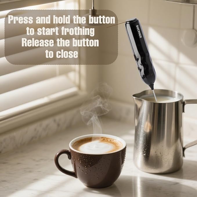 RAYONNER Kitchen Milk Frother Handheld Coffee Frother Foam Maker Black | Fast Powerful Drink Mixer, Stainless Steel Whisk, For Coffee, Battery Operated