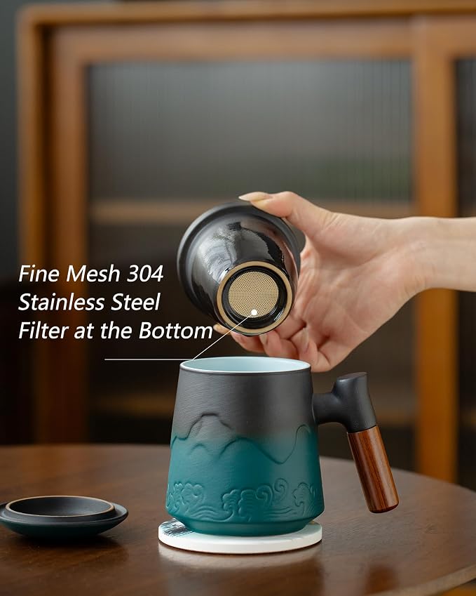 ZENS Tea Mug with Infuser and Lid & Coaster for Tea Steeper, 15oz Green | Embossed Ceramic Tea Cup with Infuser for Loose Leaf Tea Difussers, Tea Lovers Gifts, Nature Wood Handle