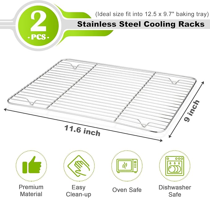 P&P CHEF 11.6" x 9" Cooling Baking Wire Racks Pack of 2, Silver | Stainless Steel Cooling Racks for Cooking Baking Roasting Grilling Drying, Dense Wires & Smooth Edge, Easy Clean & Rust Proof