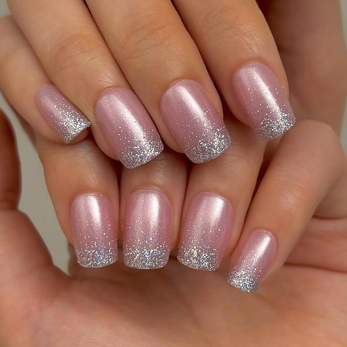 Curvlife 30pcs Short Press On Nails, Shining Stick on Fake Nails Design Glossy Acrylic Nails Tips Glue on Nails For Women False Nail Kit With Nail Glue | 32PCS, 16 Sizes, Salon-Quality Natural Fake Nails, Curved Fit, 7-14 Day Glue-On Wear, Reusable Sti...