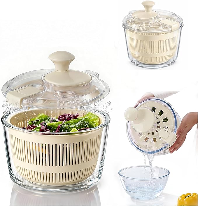 Glass Salad Spinner 3.2 Qt, Small Salad Spinner, Glass Bowl, White | Removable Lid, Storage Lid, Dishwasher-Safe Glass Bowl, Fruit & Vegetable Washer Dryer, Drain Spout, Crank Handle