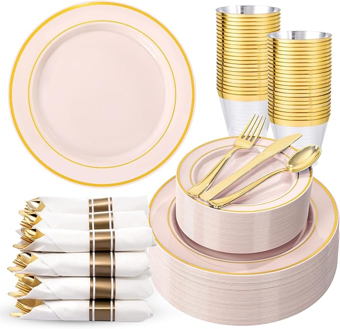 350PCS Pink Disposable Plates - Pink Plastic Plates 50Guests Plastic Dinnerware Sets with Rolled Napkins for Wedding/Birthday/Baby shower