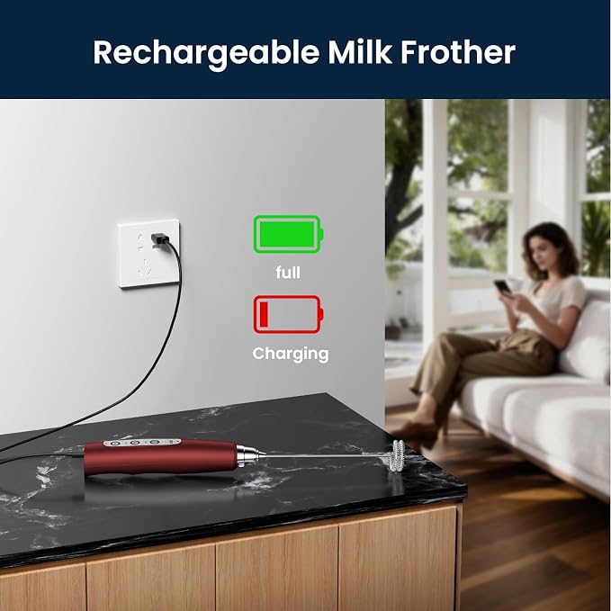 Milk Frother Wand Rechargeable Handheld Electric Whisk 3 Speed Adjustable | Coffee Frother Wand with 3 Stainless Whisks Electric Foam Maker Drink Mixer Blender for Latte Cappuccino Matcha Egg