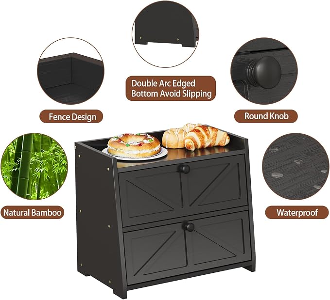 Trironsun Vintage Double Layer Bread Box for Kitchen Counter Bamboo Bread Storage Container Large Capacity Bread Storage Bin (Black)