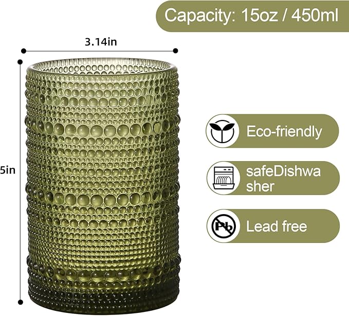 ZMOWIPDL Drinking Glasses Set of 6,15 oz Green Hobnail Glass Cups | Vintage Glassware，Embossed Water Tumbler,for Beer,Cocktail,Whiskey,Juice and Various Mixed Drinks- 1 Cleaning Brush