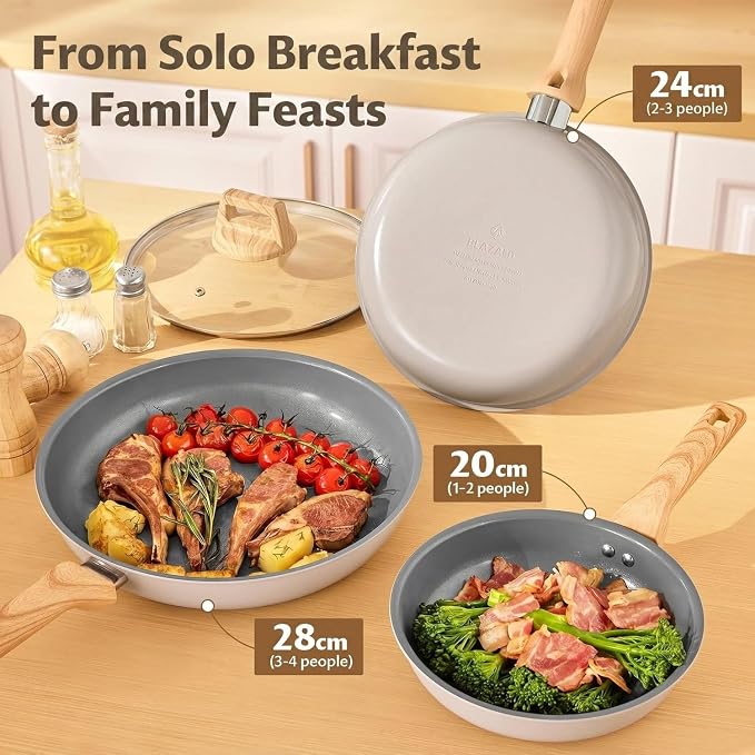 BLAZANT Non Stick Frying Pan Set with Lids, 5 Pcs Ceramic Nonstick Skillets | Non Toxic Pans PFAS-Free, Molecular-Bonded Seamless Induction Base, 30% Faster Heating, Works on All Stoves, 8", 9.5", 11"
