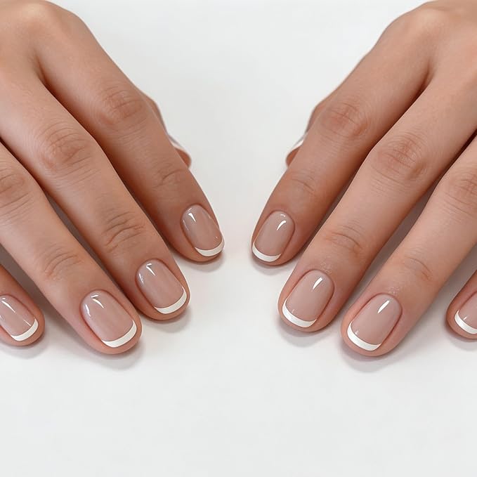 Handmade Press on Nails Short Almond Nude White French Tip Fake Nails Glossy Full Cover Muti-Layer Gel Acrylic Nail Natural & Elegant Style Thick False Nail Solid Color Stick on Nails for Women (S)