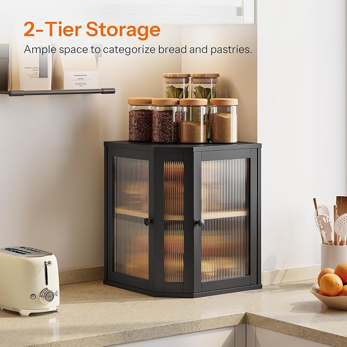 HOOBRO Bread Box, Bamboo Bread Box for Kitchen Countertop, 2-Tier Corner Bread Box, Large Capacity Bread Bin, Food Storage Box, Bread Storage Container for Kitchen, Dining Room, Black BK12MB01