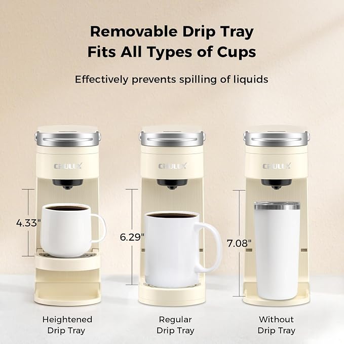 CHULUX Compact Single Cup Coffee Maker for K Cup Pod, Auto Shut-Off, Cream | Fast-Heating Boiler System, 4-Hole Needle for Richer Flavor, Adjustable Drip Tray for 7.3" Travel Mug, Food Grade Material