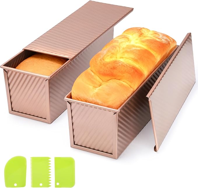 Beasea Pullman Loaf Pan with Lid, 2 Pack 2 lb Large Bread Loaf Pans 12x4inch Nonstick Carbon Steel Toast Box with Dough Scraper Set for Homemade Bread Sandwich Oven Baking - Rose Gold