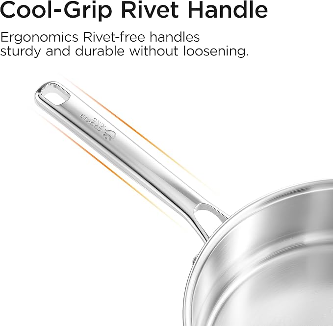 COOKER KING 3.6Qt Sauté Pan w/Lid, Stainless Steel Deep Skillet for Frying | Non-Toxic Uncoated Cookware, Dishwasher & Oven Safe, Induction Ready, Stay-Cool Handle, 3-Ply Clad for Fast Heat