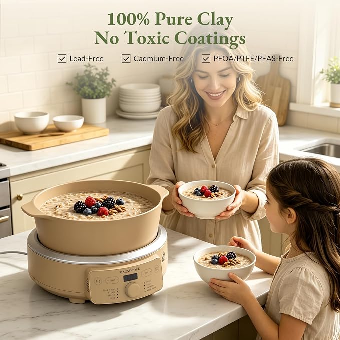 MAGNIFIQUE Slow Cooker, 4.5 Quart 8-in-1 Clay Pot Multi-Cooker, Non-Toxic Slow Cooker with Removable Clay Pot, for Rice, Pasta, Steam & Proof, Nonstick, Oven Safe Pot to 500°F, Brown