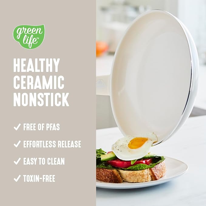 GreenLife 16 Piece Ceramic Nonstick Pots & Pans Cookware Set, Cream | PFAS-Free Nonstick Coating, Stockpot, Frying Pans, Saucepans, Sauté Pan, Stay-Cool Handles, Dishwasher & Oven Safe up to 350F