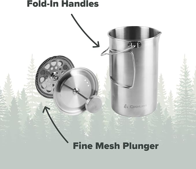 Coghlan's Stainless Steel French Press Coffee Maker – 4-Cup (32 oz), Campfire & Stovetop Safe, Portable & Durable – Fine Mesh Filter, Folding Handle, Dishwasher Safe – For Camping, Home, or Travel