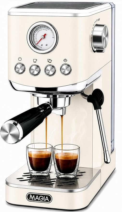 Zulay Kitchen Magia Compact Espresso Machine – 20 Bar Coffee Maker with Milk Frother Steam Wand, Latte & Cappuccino Maker, 1350W Fast Heating, 40oz Removable Water Tank, Stainless Steel – Cream