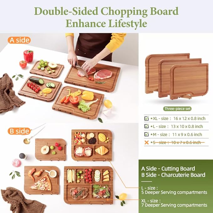 Golffox Wood Cutting Board Set, Bamboo Chopping & Charcuterie for Kitchen | Non Toxic Carbonized Bamboo Cutting Board with Stand, Built-in Handles, Deep Juice Grooves, for Meat, Vegetables & Fruits