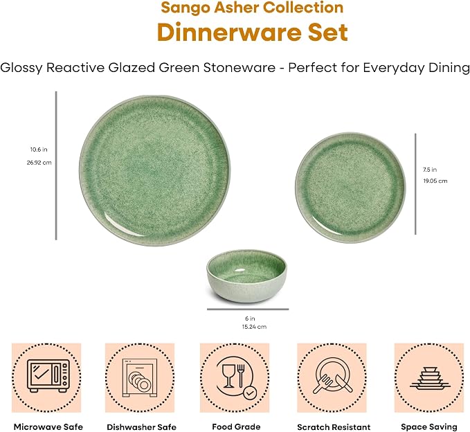 Sango Asher 12-Piece Stoneware Dinnerware Set for 4, Green Ceramic Plates and Bowls Sets, Modern Dish Set with Reactive Glaze, Durable Kitchen Dishes for Casual Dining, Microwave & Dishwasher Safe