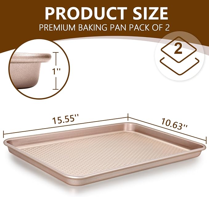 Wildone Baking Sheet Pan Set of 2, Honeycomb Embossed Nonstick Cookie Sheet | Thicker Carbon Steel Jelly Roll Pan Oven Tray 15x10 Inch, Heavy Duty & Easy Clean, Rose Gold