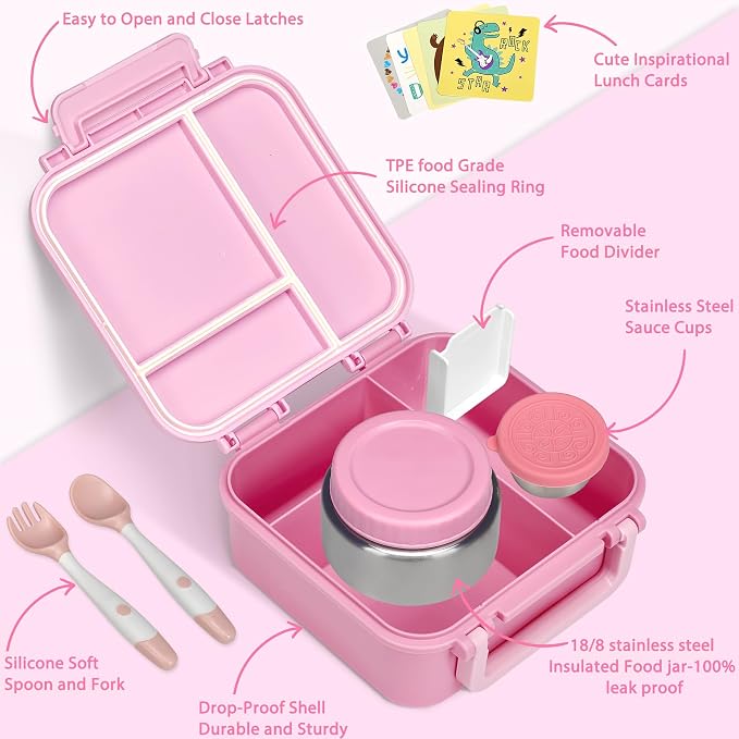 Kids Bento Lunch Box with 9oz Soup Thermo Leakproof Lunch Food Containers 4 Compartment with Insulated Hot Food Jar for Kid Toddler Girls Boys to School, Trvael