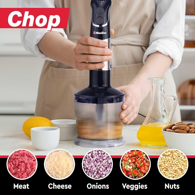 Mueller Multistick 5-in-1 Immersion Blender Handheld, 12-Speed Hand Mixer | Turbo Boost, Heaviest Duty Copper Motor, Titanium Blades Hand Blender, Milk Frother Wand, Whisk, Kitchen Gadgets Black