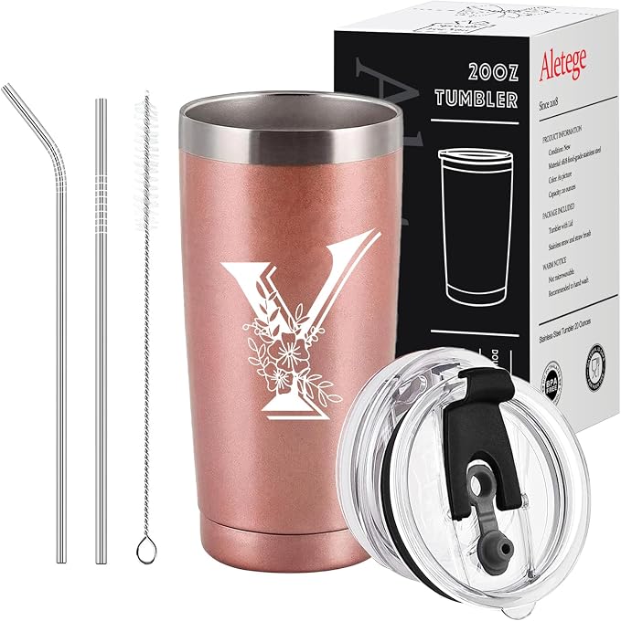 Letter Y Insulated Travel Cup with Lid, Personalized Initial Mugs for Women, Letter Y Gift Coffee Mugs for Women, Wife, Mom, Grandma, Bridal Shower Gifts, 20 OZ Rose Gold Two Lids