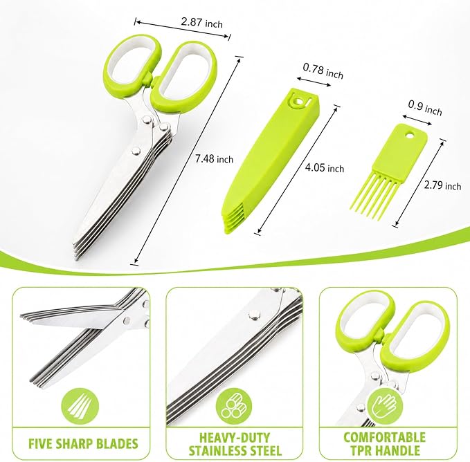 Herb Scissors, Kitchen Shears for Lettuce, Cilantro, Green Onion & Parsley | Must Have Kitchen Gadgets for Home, to Make Life Easier, Cilantro Salad Chopper Scissors, 5 Sharp Blades, Dishwasher Safe