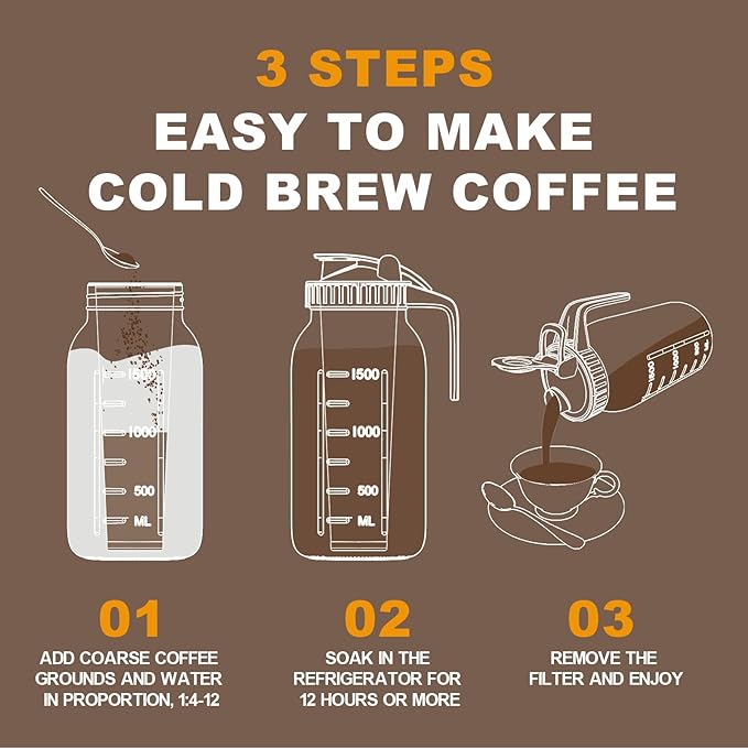 Cold Brew Coffee Maker, 64 oz Glass Mason Pitcher | 100μm stainless steel filter, wide mouth design, leak-proof lid with handle, pour spout for iced coffee, tea and cold drinks