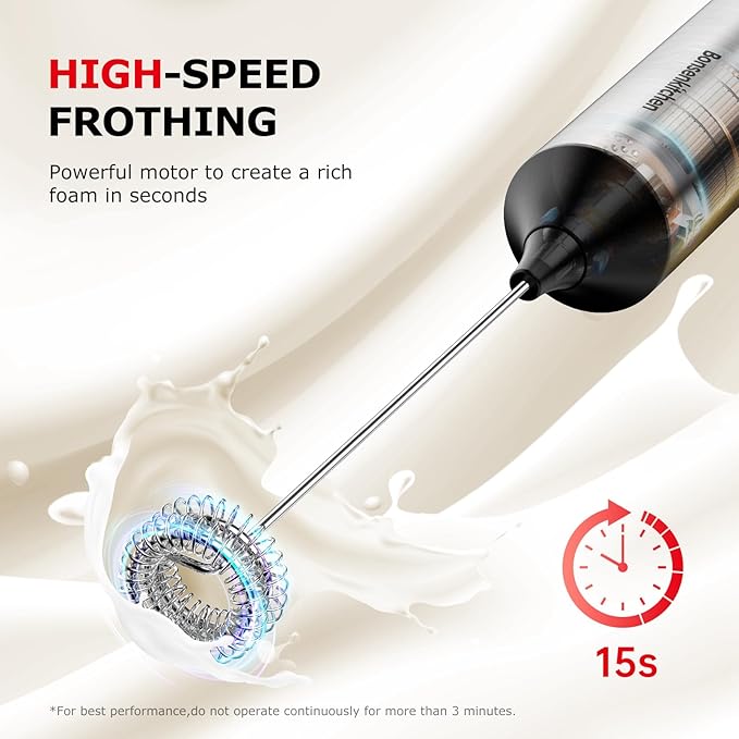 Bonsenkitchen Rechargeable Milk Frother with Stand, 3-Speed Handheld Coffee | Dual Spring Whisk Electric Hand Frother Wand Drink Mixer for Lattes Cappuccino Protein, Kitchen Gifts