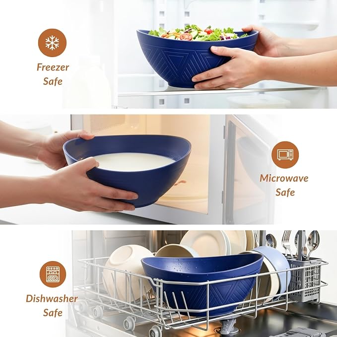 Wheat Straw Bowls, 9.6 inch Salad Bowls, Large Serving Dishes for Wedding Parties, Camping, 60 OZ Bowl Set for Salad, Popcorn, Oval Shape, Microwave & Dishwasher Safe, Set of 4, Dark Blue