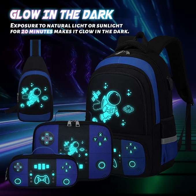 Backpack for School Boys, Cool Luminous Gamer Boys Schoolbag | with Lunch Box & Pencil Case Set for Kids Teens Elementary Middle School, Bookbag Glow In The Dark