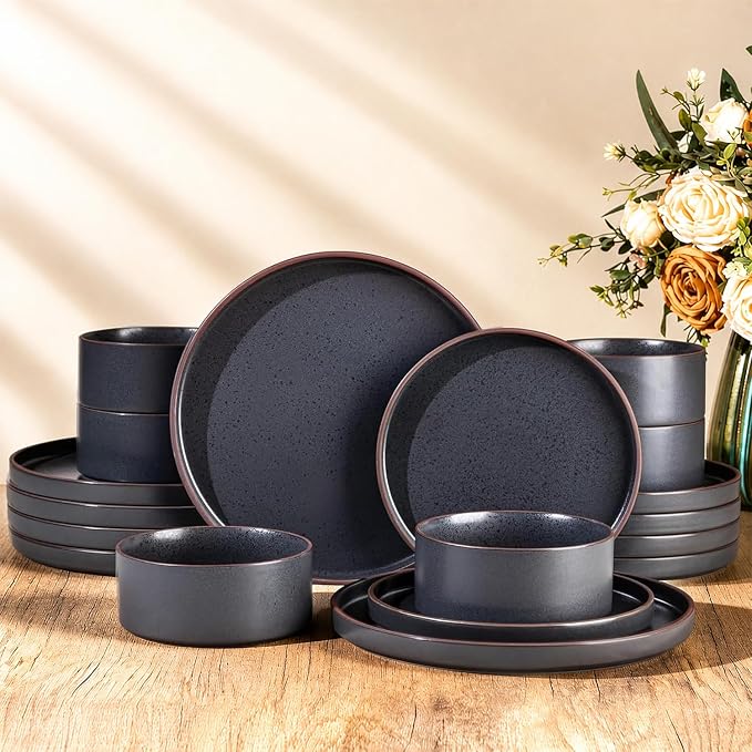 LERATIO Stoneware Dinnerware Sets for 6,18-Piece Matte Plates and Bowls Set | Handmade High Edge Rim Dish Set,Oven & Microwave,Dishwasher Safe,Scratch Resistant-Ashen