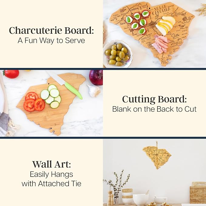 Totally Bamboo Destination South Carolina State Shaped Cutting Board | State charcuterie serving board with engraved map artwork. Smooth reverse side for food prep. Hang tie for wall display.