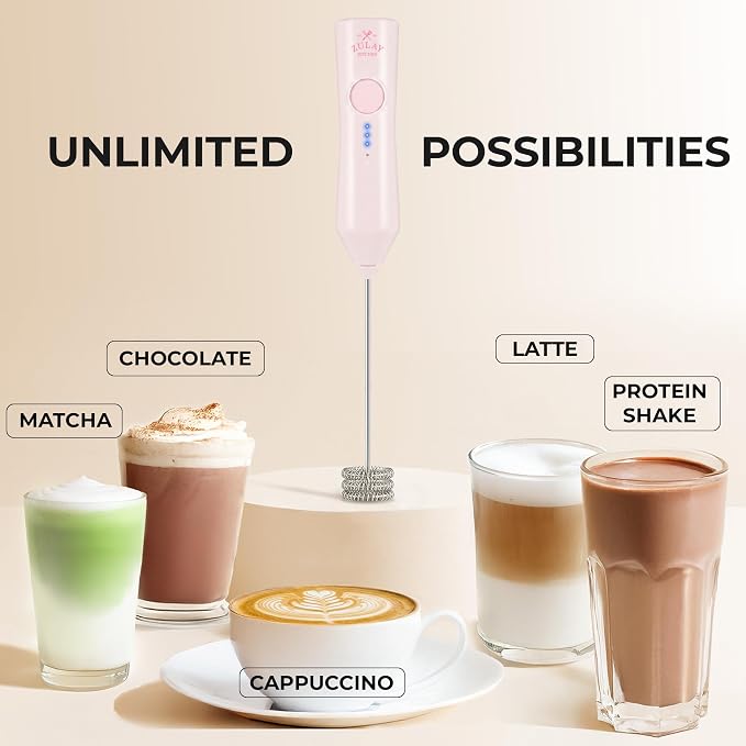 Zulay Kitchen Rechargeable Milk Frother Handheld - Frother Wand, Drink Mixer, Electric Whisk Frother, for Cappuccinos, Matcha & Protein Powder - Dynamic Triple Whisk, 3 Speed 500mAh Cotton Candy Pink
