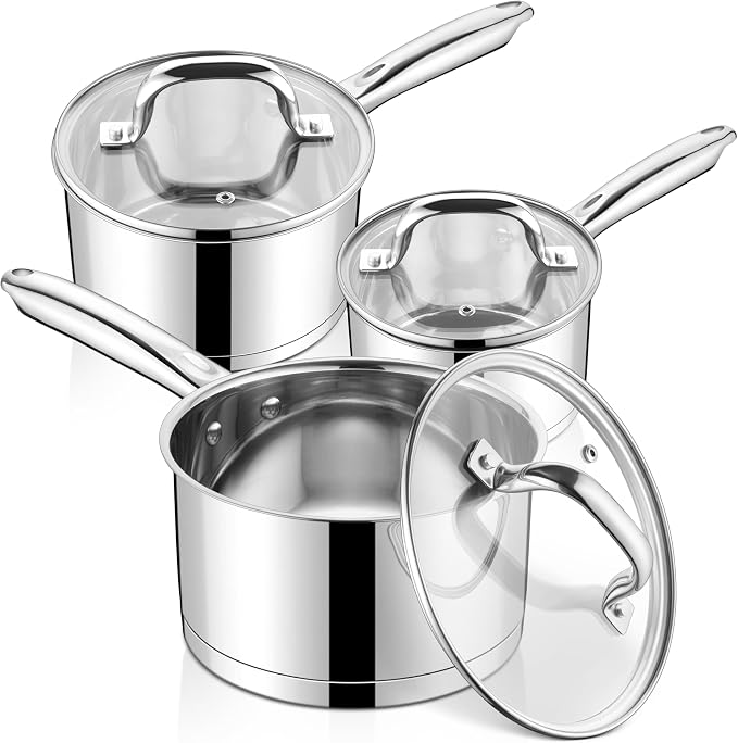 LIANYU Stainless Steel Saucepan Set with Lids Set of 3, 1QT & 2QT & 3QT | Heavy Duty Induction Saucepan for Cooking Soup Milk Butter, Oven & Dishwasher Safe (3 Pots+3 Lids)