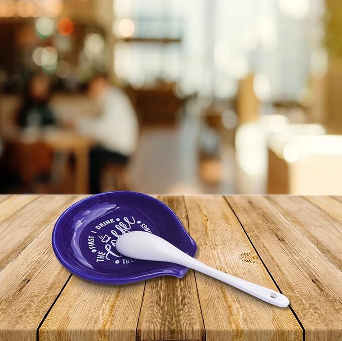 Littlefa Coffee Spoon Rest Holder-Coffee Bar Accessories-Navy Blue | Funny Ceramic Coffee Spoon Rest for Coffee Bar Accessories Essentials, But First I Drink Sign Coffee Lovers Gifts