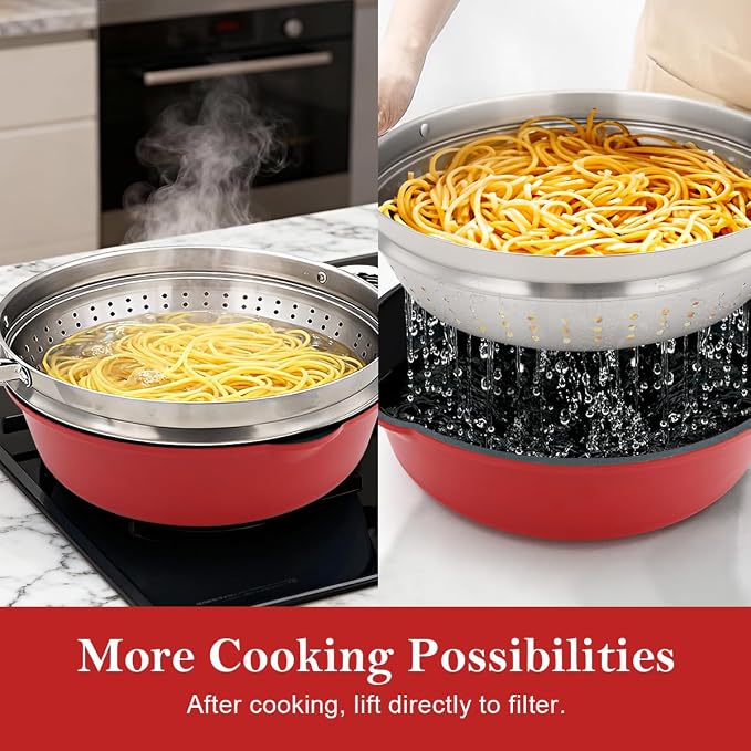 12 Inch Steamer Pan Nonstick, Deep Frying Pan Skillet with Lid, Red | Detachable Handle, Suitable for All Stoves, Including Induction, PTFE & PFAS & PFOA Free, Oven Safe