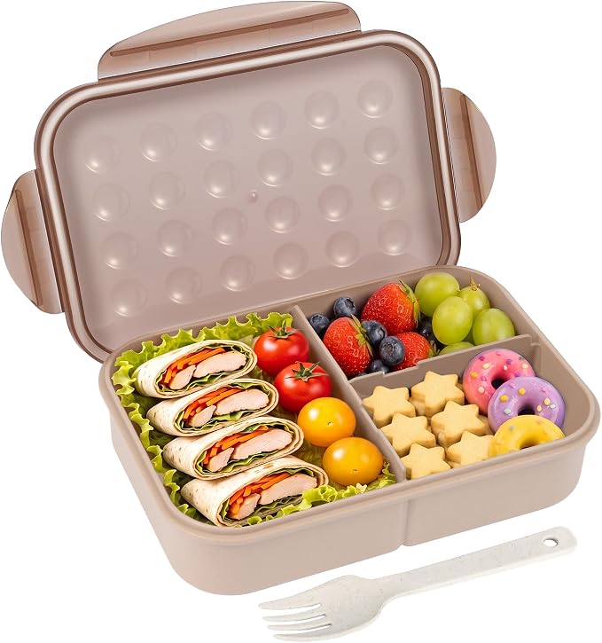 Itopor Bento Box for Kids & Adults, Lunch Box 46 oz / 1400ml, Tan | Wheat straw material, BPA-free, leakproof, 3 compartments, microwave & dishwasher safe, for school, office & travel