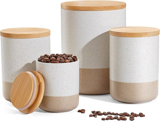 Canisters Sets for Kitchen Countertop-Set of 4 Ceramic Kitchen Canisters Food Storage Jar with Airtight Wood Lids & Spoons & Label,Large Flour and Sugar Containers for Serving Ground Coffee